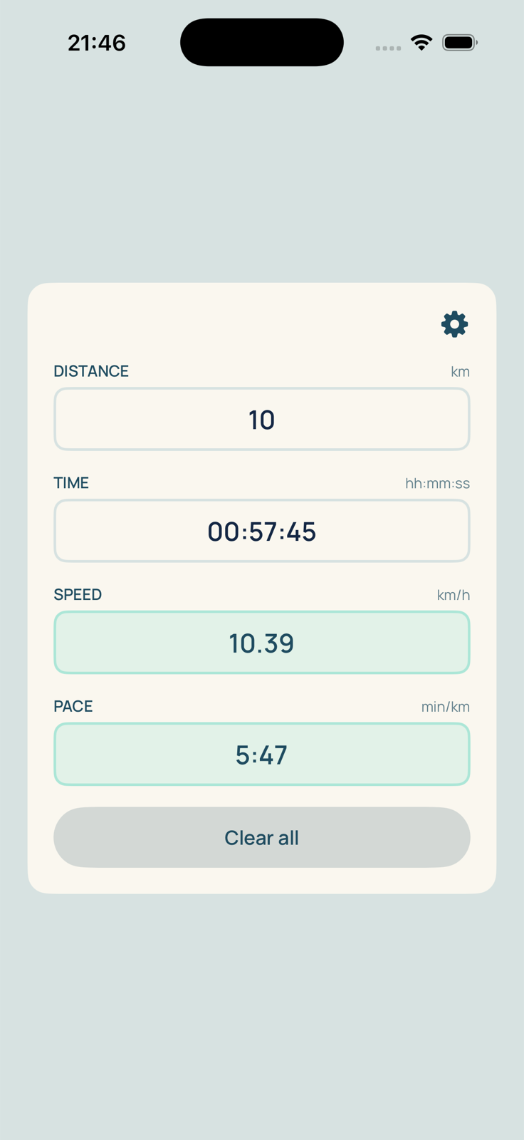 paceR calculator displaying kilometres, speed and pace per kilometre