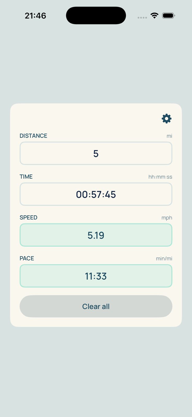 paceR calculator displaying miles, mph and pace per mile